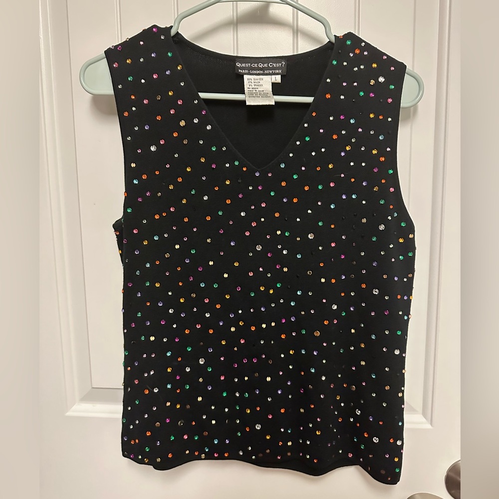 QUEST-CE QUE C'EST? size L silk bejeweled sweater vest/top